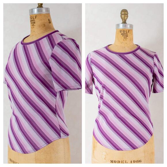 Vintage 80s retro 1980s women's purple diagonal stripe cropped shirt blouse,  XS - Picture 1 of 10